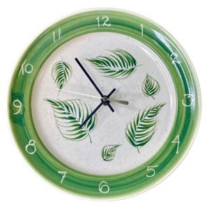 Handmade Pottery Analog Clock 10" Green Leaves Maker's Mark Hanging